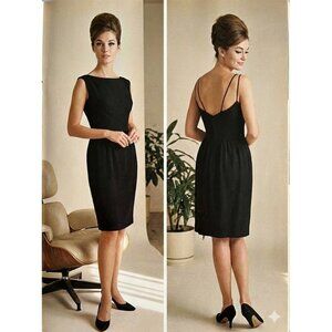 Vtg 60s Black Strappy Back Dress Sheath LBD Cocktail Classic Womens Size Small